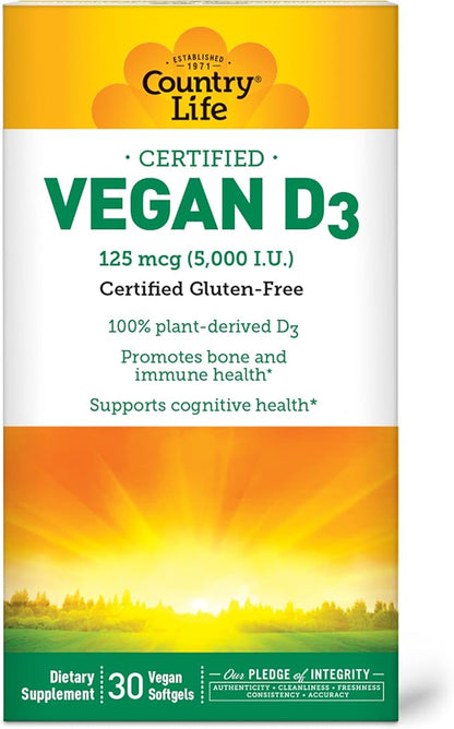 Country Life Vegan D3 5000 IU – Plant-Derived Vitamin D3 from Lichen – High Potency Immune & Bone Support – Certified Vegan, Gluten-Free, Non-GMO – 30 Softgels