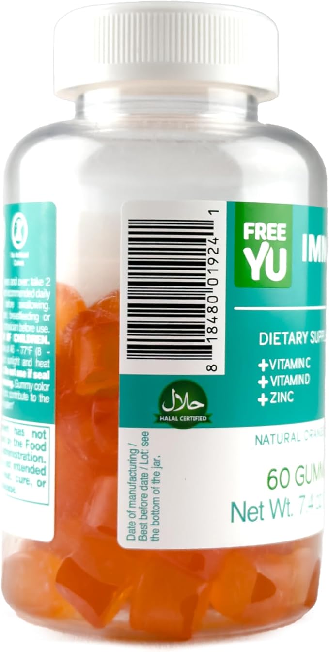 Halal & Gluten Free Immunity Gummy - Dietary Supplement with Vitamins for Adults & Teens - Chewable Multivitamin Booster Gummies with Zinc, Vitamin C and D - 60 Gummies (7.4 oz)