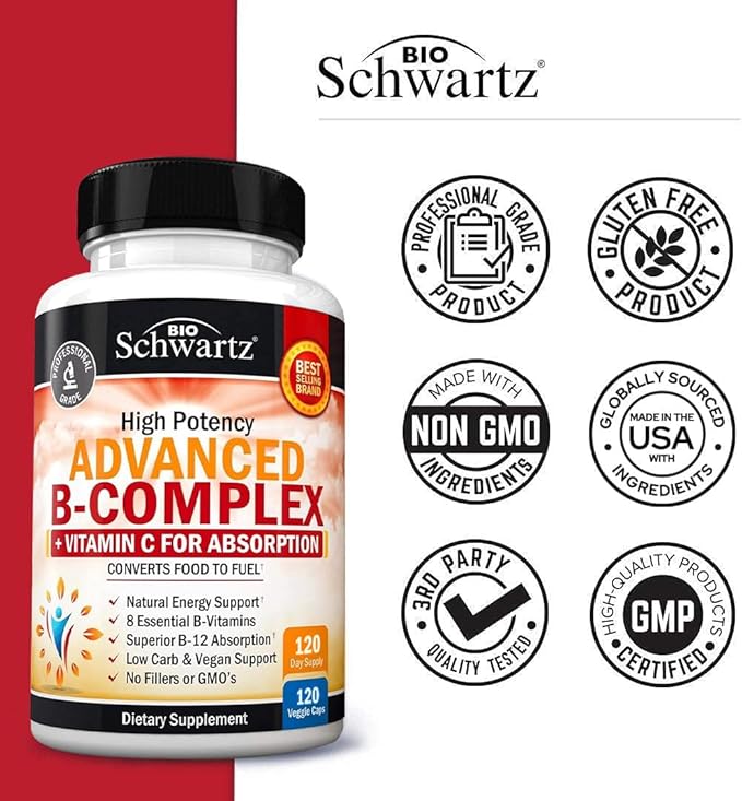 Vitamin B Complex with Vitamin C for Maximum Absorption - Methylcobalamin b12 & Folate Folic Acid Supplement - B1 B2 B3 B5 B6 B7 B9 for Immune Energy & Nervous System Support - Non-GMO, 120 count