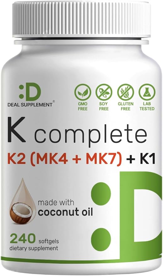 DEAL SUPPLEMENT Vitamin K Complete - 240 Coconut Oil Softgels | High Potency Vitamin K2 (MK-7 and MK-4) & K1 | Full Spectrum Triple Vitamin Ｋ | Bone, Joint, & Immune Support – Non-GMO