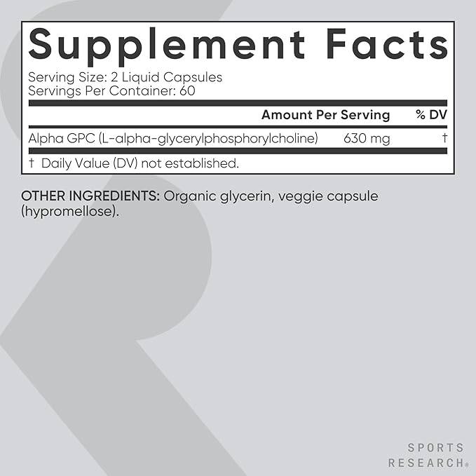 Sports Research® Alpha GPC 630mg (Extra Strength) - Bioavailable Source of Choline - Focus & Cognitive Support for Women & Men - Vegan Certified · Non-GMO · Gluten Free - 120 Liquid Capsules