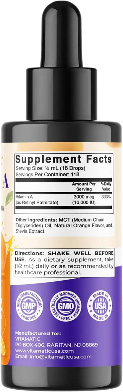 Vitamatic Sugar Free Vitamin A Liquid Drops 10000 IU (3000 mcg) as Retinyl Palmitate - Approximate 4 Months Supply - Immune Support, Eye Health, Skin Health - 2 FL OZ (59 ml) (2 Packs)