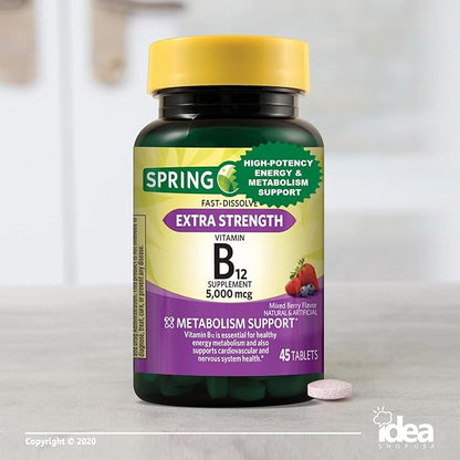 Vitamin B12 5000 mcg Fast Dissolve Tablets, 45 Count – Extra Strength for Energy & Metabolism Support – Natural Cherry Flavor, Gluten-Free – Sublingual Supplement + Better Idea Guide Included