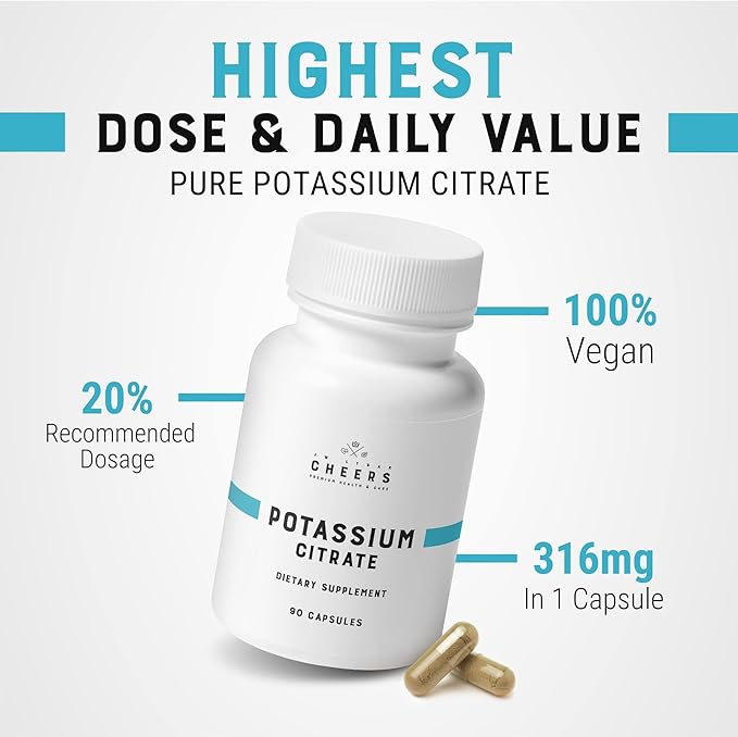 Cheers Potassium Citrate, 20% Daily Value, 316 mg per Capsule, 90 Capsules, Vegan Potassium Supplement for Adults, Natural Mineral Electrolyte - Pack of 2