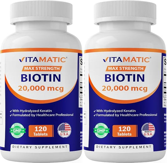 Vitamatic High Potency Biotin 20000 mcg (20mg) with Keratin 100mg - 120 Vegetarian Tablets - Biotin Supplements for Healthy Hair Skin & Nails for Adults (120 Count (Pack of 2))