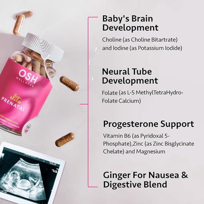 Ayurvedic Elite Prenatal Vitamins with Folate, Choline, Iron, Iodine & more | Made in USA | Optimal Bioavailability | Supports Baby's Growth and Brain Development | 30 Day Supply - OSH Wellness