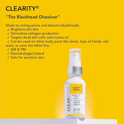 CLEARSTEM - CLEARITY The Blackhead Dissolver Mandelic Acid Serum - Vitamin C, Turmeric, Collagen Boost - All Skin Types - Facial Skin Care Products - Gluten Free, Cruelty Free - 1 fl oz / 29ml