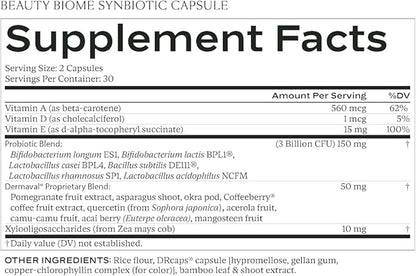Sakara Beauty Biome – Daily Synbiotic for Skin & Gut Health with Probiotics, Dermaval®, Vitamins A, D, E, Antioxidants, Prebiotics & Enzymes – Supports Clear, Radiant, Hydrated Skin – 60 Capsules