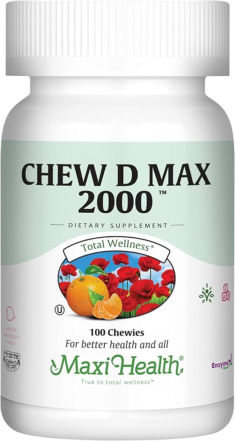 Maxi Health Chewable Vitamin D3 2000 IU Supplement - Delicious Natural Bubble Gum Flavor - Supports Calcium Absorption, Immune and Bone Health in Adult Women, Men, Children & Toddlers - 100 Chews