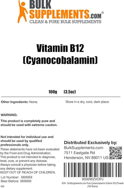 BulkSupplements.com Pure Vitamin B12 Powder - as Cyanocobalamin, Vitamin B Supplements, Cyanocobalamin B12 Supplement - Pure Product, Multiple Servings, 100g (3.5 oz) (Pack of 1)