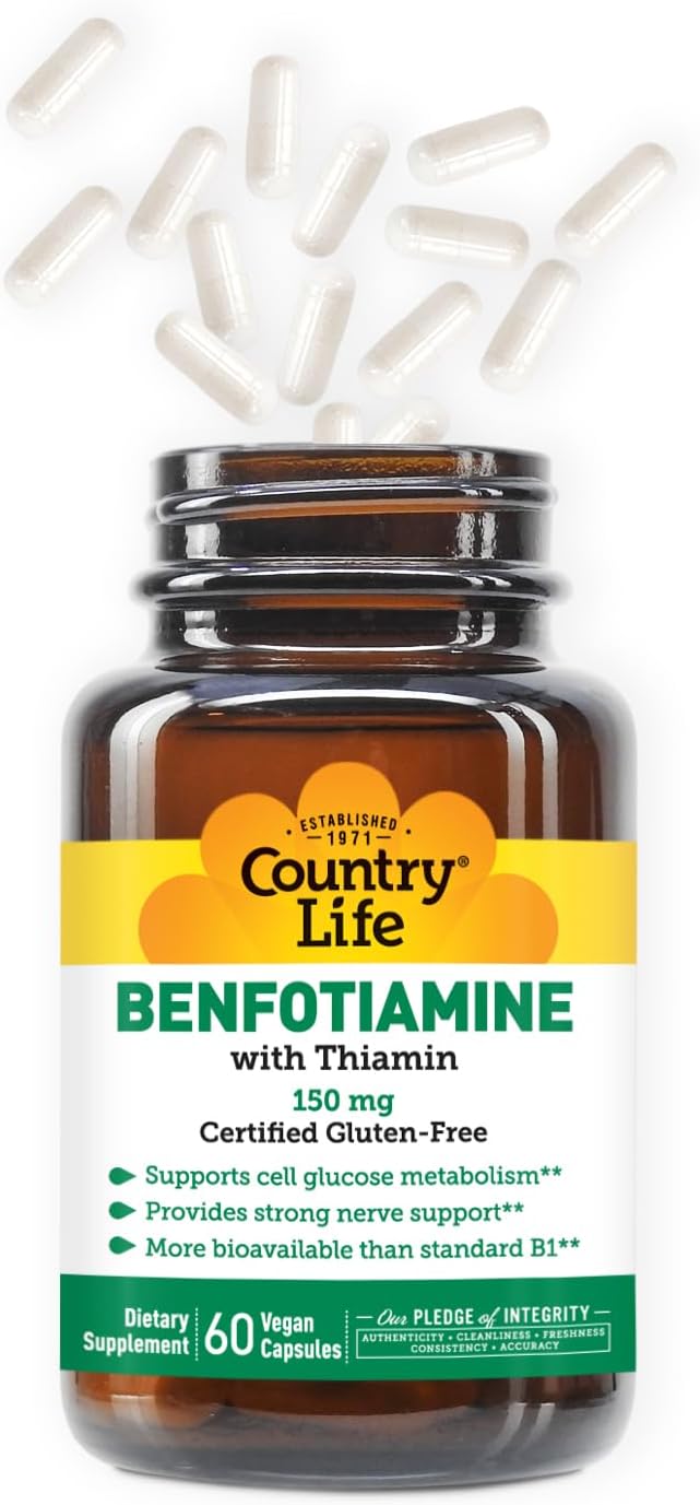 Country Life Benfotiamine with Thiamin, Nerve Health Support, 150mg, 60 Vegetarian Capsules, Certified Gluten Free, Certified Vegan