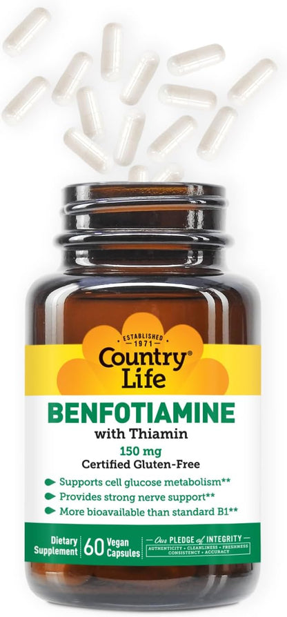 Country Life Benfotiamine with Thiamin, Nerve Health Support, 150mg, 60 Vegetarian Capsules, Certified Gluten Free, Certified Vegan