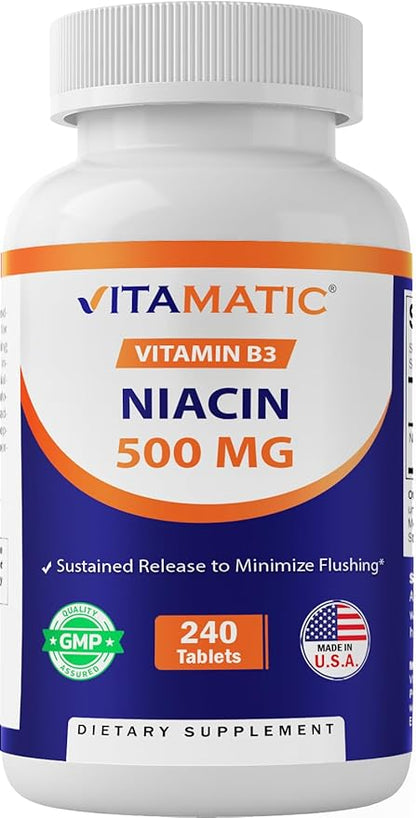Vitamatic Niacin (Vitamin B3) 500mg, Sustained Release, 240 Tablets - Non-GMO & Gluten Free- 2 Pack