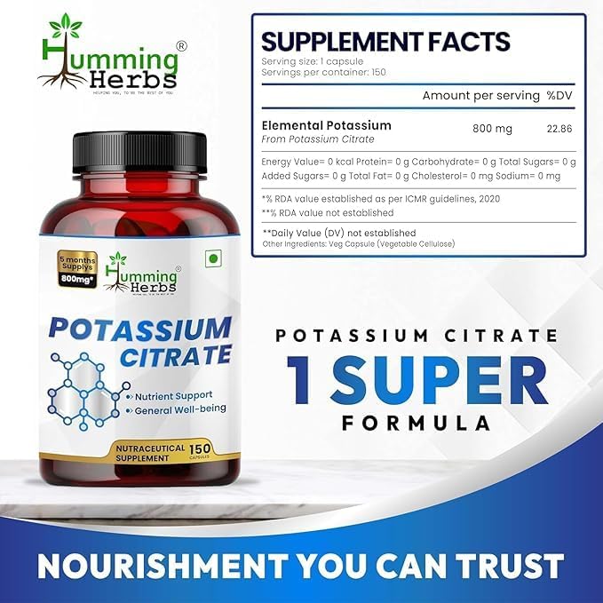 Potassium Citrate 800mg – 150 Vegan Capsules | Daily Electrolyte & Mineral Support | No Additives | Non-GMO
