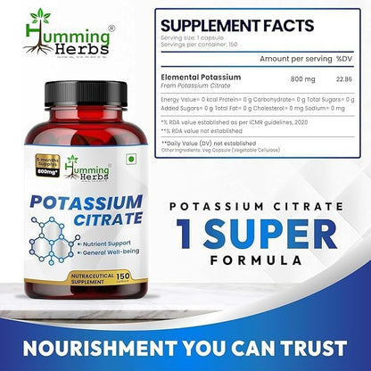 Potassium Citrate 800mg – 150 Vegan Capsules | Daily Electrolyte & Mineral Support | No Additives | Non-GMO