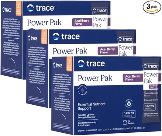 Trace Minerals Power Pak - Daily Health Support Supplement with Vitamins & Minerals - Power Packet Aids Immune Health & Hydration - Mix Powder Supports Bodily Functions - Acai Berry (90 Servings)