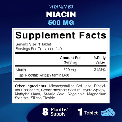 Vitamatic Niacin (Vitamin B3) 500mg, Sustained Release, 240 Tablets - Non-GMO & Gluten Free- 2 Pack