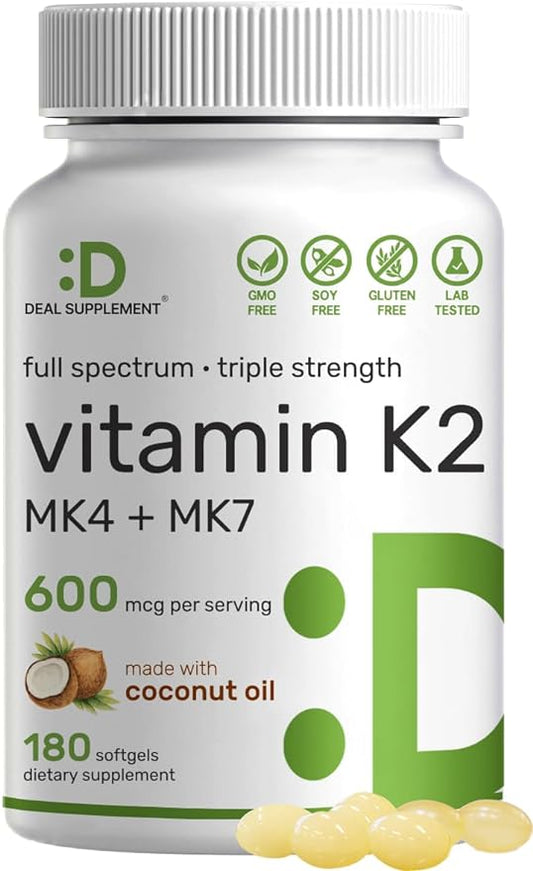 DEAL SUPPLEMENT Vitamin K2 Supplement 600mcg, 180 Coconut Oil Softgels | Full Spectrum High Absorption MK-7 & MK-4 Forms | Bone, Joint, & Immune Support – Non-GMO