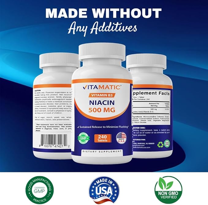 Vitamatic Niacin (Vitamin B3) 500mg, Sustained Release, 240 Tablets - Non-GMO & Gluten Free- 2 Pack