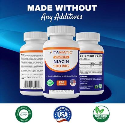 Vitamatic Niacin (Vitamin B3) 500mg, Sustained Release, 240 Tablets - Non-GMO & Gluten Free- 2 Pack