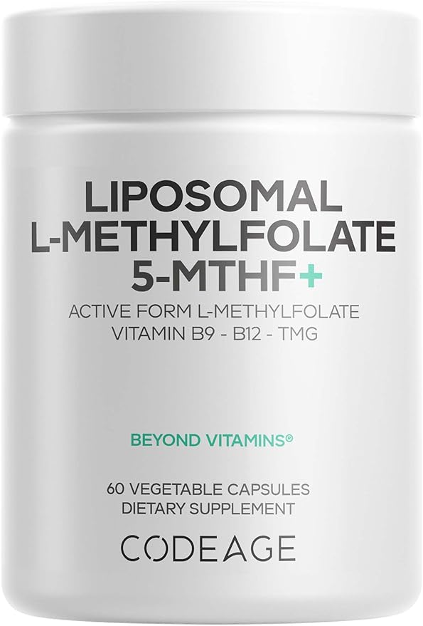 Codeage Liposomal L-Methylfolate 5-MTHF+ - Active Vitamin B9, Methylcobalamin B12, Betaine TMG, B6-2-Month Supply Multivitamins - Liposomal Delivery - Bioavailable B-Vitamin Complex - 60 Capsules