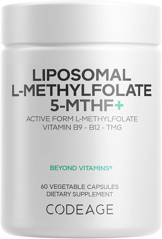 Codeage Liposomal L-Methylfolate 5-MTHF+ - Active Vitamin B9, Methylcobalamin B12, Betaine TMG, B6-2-Month Supply Multivitamins - Liposomal Delivery - Bioavailable B-Vitamin Complex - 60 Capsules