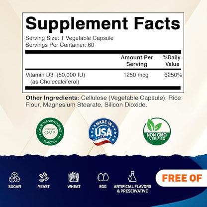 Vitamatic 2 Pack Vitamin D3 50,000 IU (as Cholecalciferol), Once Weekly Dose, 1250 mcg, 60 Veggie Capsules 1 Year Supply, Progressive Formula Helping Vitamin D Deficiencies (Total 120 Veg Capsules)