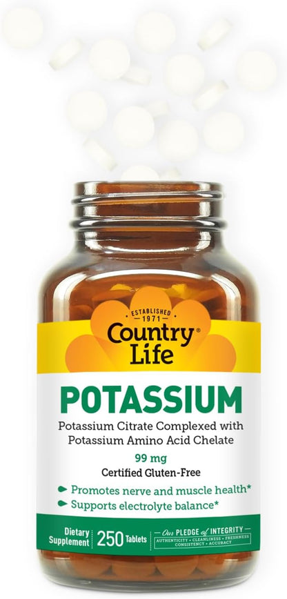 Country Life Potassium 99 mg Tablets - Chelated for Enhanced Absorption, Supports Neuromuscular Function & Electrolyte Balance, Certified Gluten Free, Vegan, Kosher, 250 Tablets