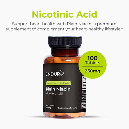 Endur Plain Niacin (Nicotinic Acid), Heart Health & Healthy Cholesterol Balance Supplement, Immediate-Release Formula, Gluten Free, 250mg (100 Tablets)