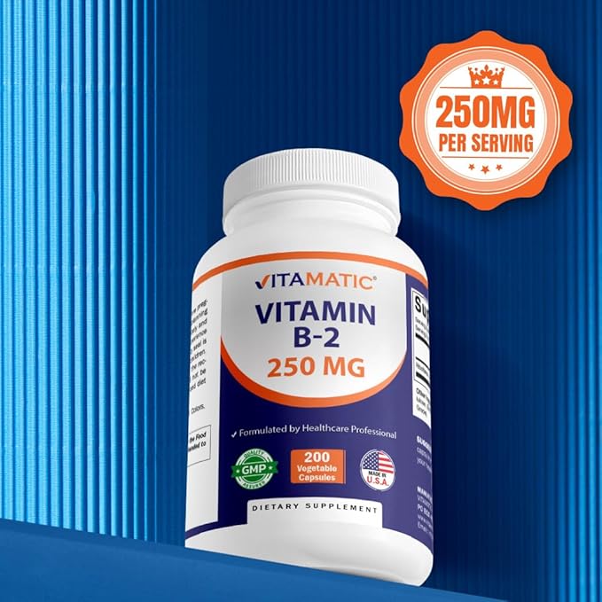 Vitamatic Vitamin B2 (Riboflavin) 250 mg - 200 Capsules Support Cellular Energy & Red Blood Cell Production