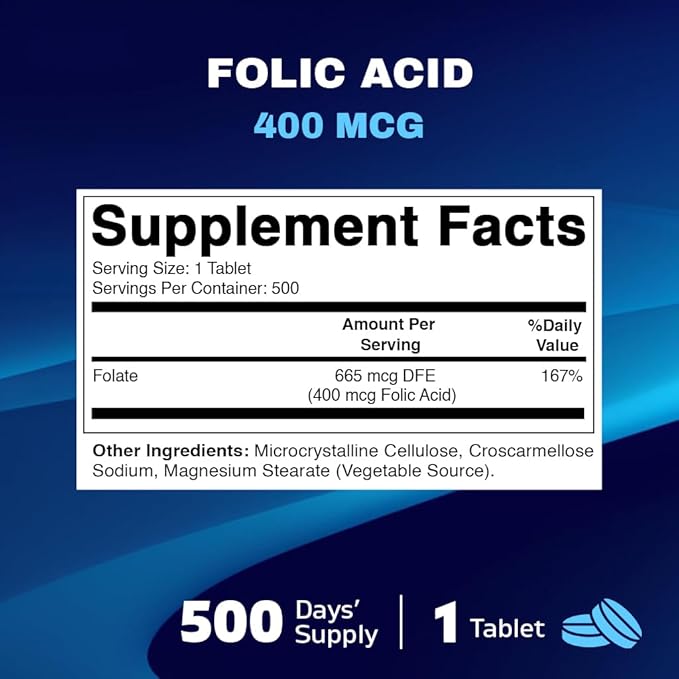 Vitamatic Folic Acid 400 mcg - 500 Vegetarian Tablets - Vitamin B9-2 Pack