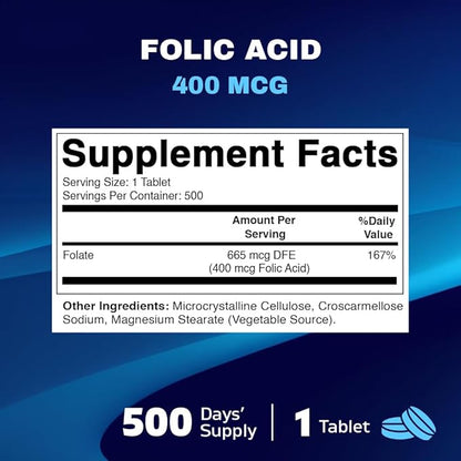 Vitamatic Folic Acid 400 mcg - 500 Vegetarian Tablets - Vitamin B9-2 Pack