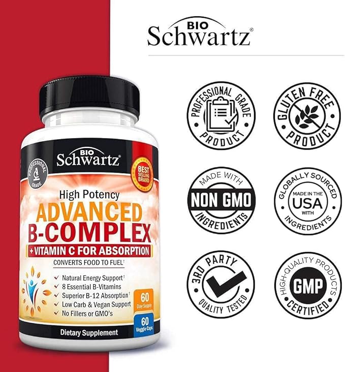 Vitamin B Complex with Vitamin C for Maximum Absorption - Methylcobalamin b12 & Folate Folic Acid Supplement - B1 B2 B3 B5 B6 B7 B9 for Immune Energy & Nervous System Support - Non-GMO, 60 count