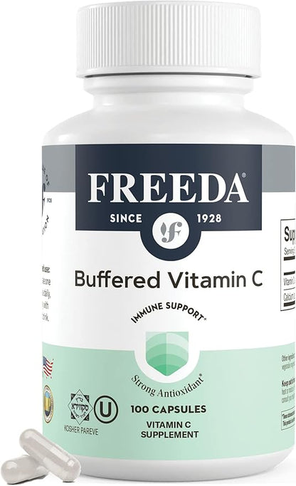 FREEDA Buffered Vitamin C 500mg – Non-Acidic Calcium Ascorbate – Immune Support & Antioxidant – Kosher, Gentle on Stomach – 100 Capsules