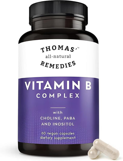 Thomas' all-natural Remedies Vitamin B Complex with Choline, PABA & Inositol, Supports Energy Metabolism, Clarity & Nerve Support, Hair Skin Nails Vitamins, Made in USA, 60 Vegan Capsules
