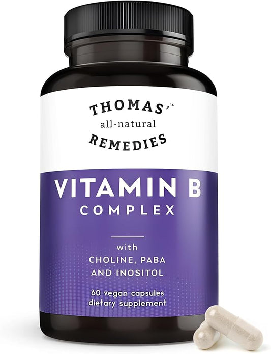 Thomas' all-natural Remedies Vitamin B Complex with Choline, PABA & Inositol, Supports Energy Metabolism, Clarity & Nerve Support, Hair Skin Nails Vitamins, Made in USA, 60 Vegan Capsules