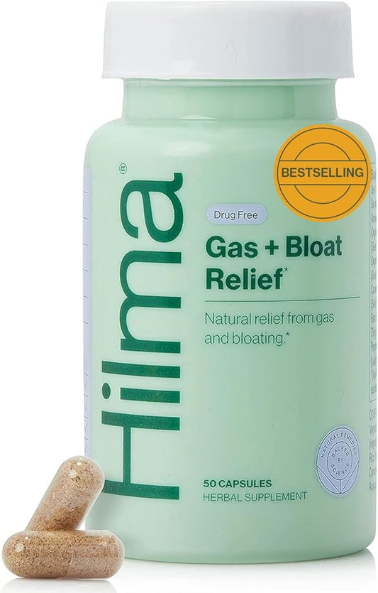 Hilma Natural Gas and Bloating Relief for Women, Doctor Formulated with Organic Ingredients, Lemon Balm, Fennel and Peppermint Leaf, 50 Vegan Capsules