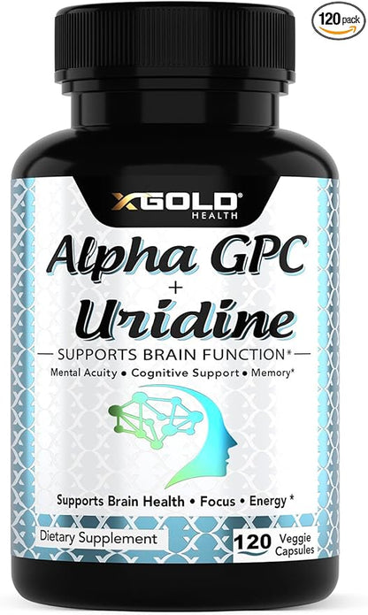 Alpha GPC Choline 600mg + Uridine Monophosphate 300mg-2-in-1 Nootropic Supplement Helps Boost Focus, Energy & Cognitive Performance -Potent Mood Enhancer & Brain Focus Supplements -120 Veggie Capsules