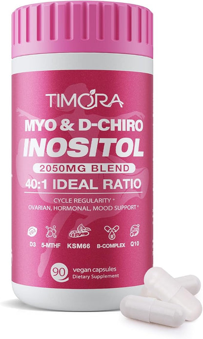 TIMORA Myo & D-Chiro Inositol for Women,Hormone Balance & Ovarian Support,10-in-1 Formula with 40:1 Ideal Ratio, Folate (5-MTHF), KSM66 Ashwagandha, CoQ10, Vitamins D3 | Natural&Plant-Based