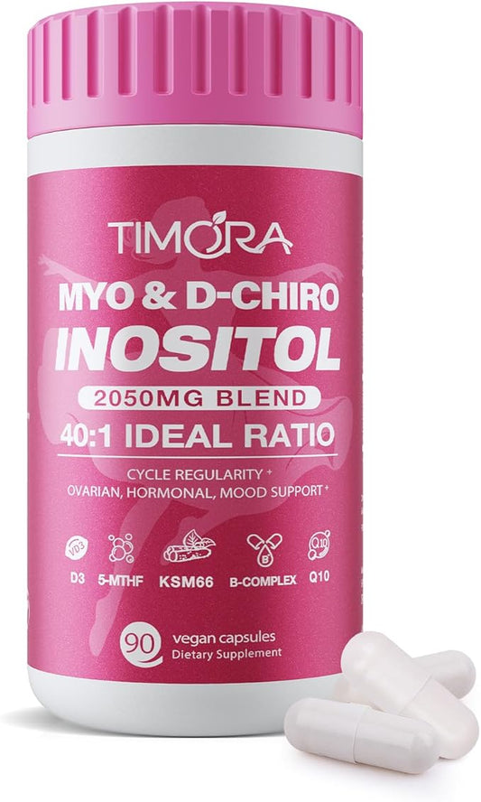 TIMORA Myo & D-Chiro Inositol for Women,Hormone Balance & Ovarian Support,10-in-1 Formula with 40:1 Ideal Ratio, Folate (5-MTHF), KSM66 Ashwagandha, CoQ10, Vitamins D3 | Natural&Plant-Based