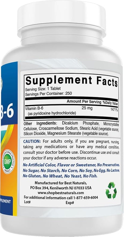 Best Naturals Vitamin B-6 25 Mg Tablets, 250 Count