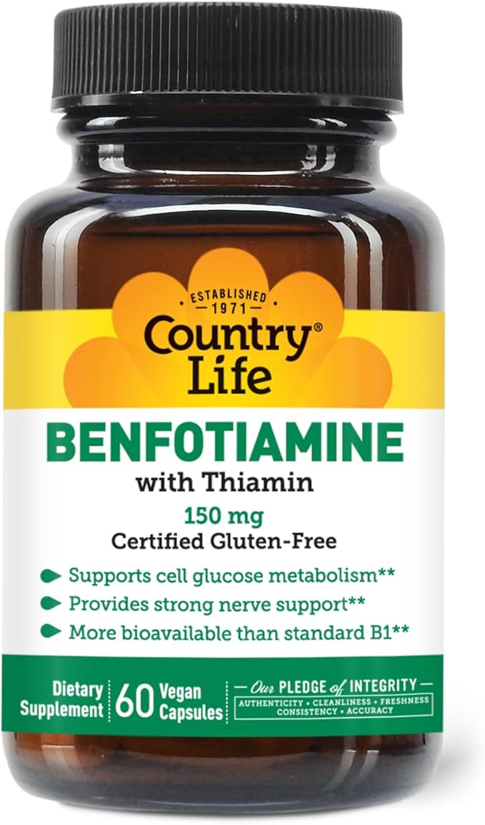 Country Life Benfotiamine with Thiamin, Nerve Health Support, 150mg, 60 Vegetarian Capsules, Certified Gluten Free, Certified Vegan