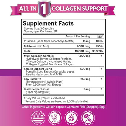 NEW AGE Collagen Pills Biotin Keratin Saw Palmetto Hyaluronic Acid - Hair Skin and Nails Vitamins and DHT Blocker with Vitamin E Folic Acid Pumpkin Seed MSM- 90 Count