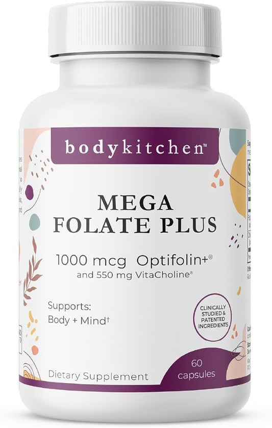 Body Kitchen Mega Folate, 1000mcg Optifolin+, 60 Vegetable Capsules, Vegan, Non-GMO, Brain and Heart Health Support