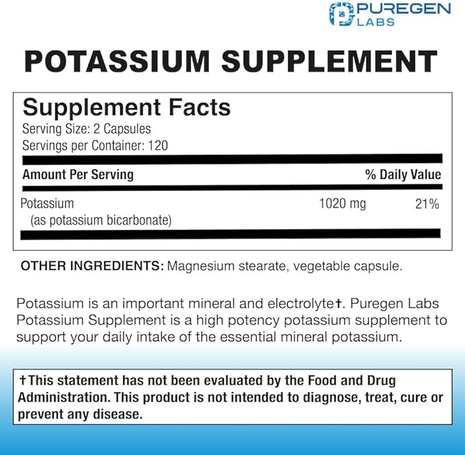 Puregen Labs Potassium Bicarbonate Supplement 1020 mg | Non-GMO | Gluten Free | Made in USA | 240 Vegetarian Capsules