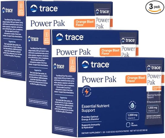 Trace Minerals Power Pak - Daily Health Support Supplement with Vitamins & Minerals - Power Packet Aids Immune Health & Hydration - Mix Powder Supports Bodily Functions - Orange Blas (90 Servings) t