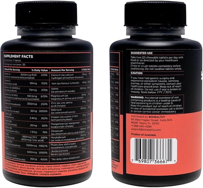 Chewable 2 Pack Bariatric Multivitamin with Iron, Vitamin B12, Delicious Raspberry Flavor – 120 Ct – 60-120 Day Supply.