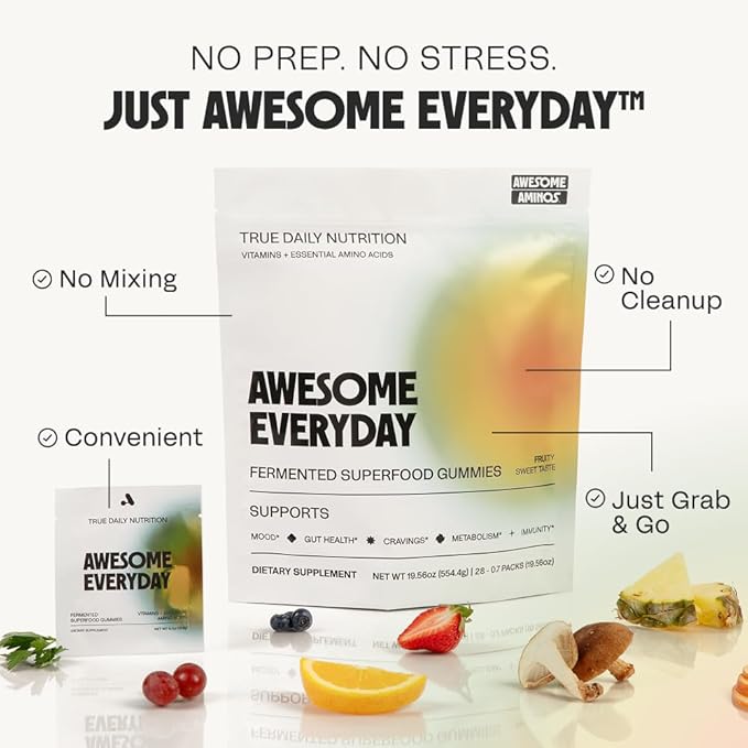 Awesome Everyday Superfood Gummies for Adults – Daily Multivitamin for Women & Men - EAAs, Mushrooms & Adaptogens - Vegan, No Artificial Flavors, Colors or Seed Oils - Essential Amino Acids - 28 Count