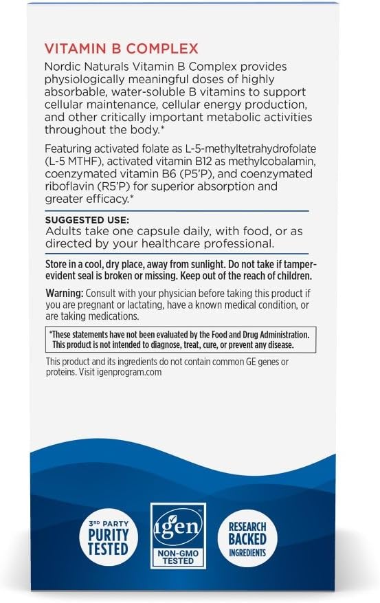 Nordic Naturals Vitamin B Complex - 45 Capsules Thiamine, Riboflavin, Niacin, B6 & B12, Folate, Biotin, Pantothenic Acid Heart Brain Health, Energy, Metabolism Non-GMO Servings