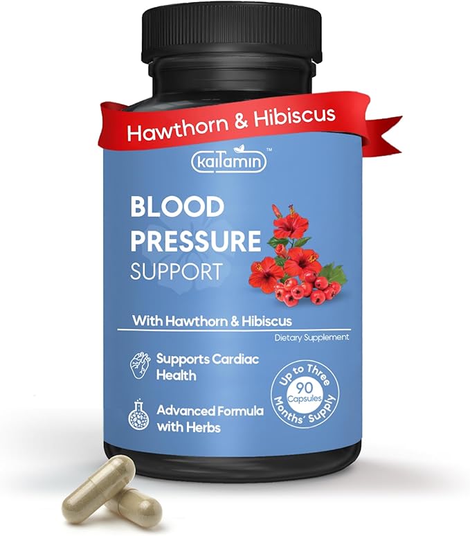 Blood Pressure Support Supplement – Natural Hawthorn, Hibiscus, Garlic & Olive Leaf – Heart Health & Circulation Support – B12, B6 – Vegan, Non-GMO – 90 Caps (3-Month Supply)